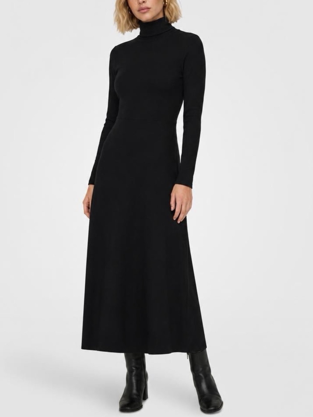 Women’s Black Mock Neck Long Sleeve Knit Maxi A-Line Dress Size M Stretch